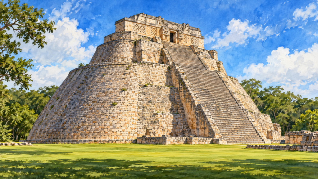 Ilustração da Pirâmide do Adivinho em Uxmal, com perfil arredondado e escadaria.